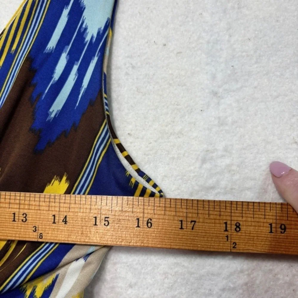 Tory Burch Silk Ikat Print V-Neck  Midi‎ Dress Blue Yellow Brown Size M #927